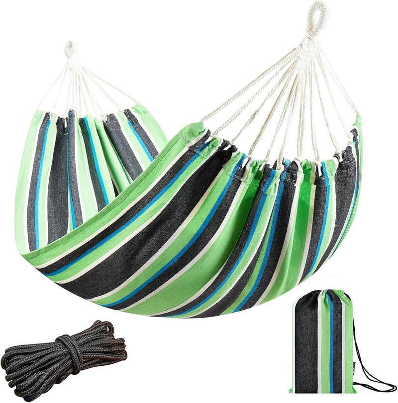 JoyView Brazilian Hammock for Single Preson - 78.8x39.4” Portable Cotton Hammock with Hanging Ropes & Carry Bag Large for Patio 300LBS Capacity Perfect for Outdoor/Indoor - Green/Black Stripe - Image 1